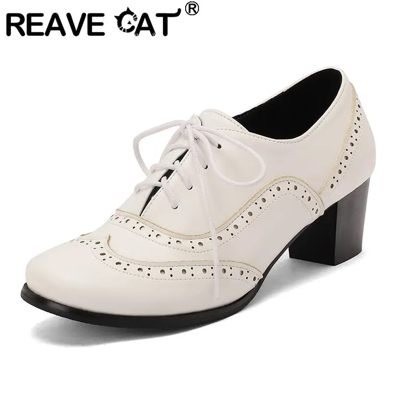 REAVE CAT Brown Women Pumps Round Toe 5cm Block Heels Lace Up Plus Size 42 43 44 Non Slip Leisure Daily Office Lady Shoes White