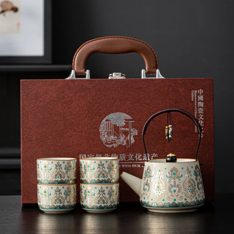Ru Kiln Celadon Loop Handle Teapot Set Gongfu Tea Ceremony Chinese Style Corporate Business Gift Boxed Souvenir