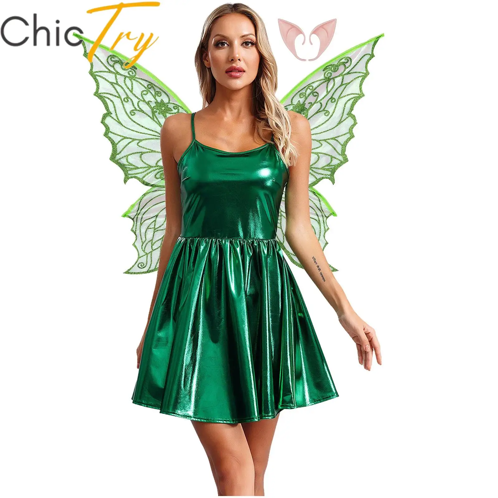 Women's Fairy Costume Halloween Cosplay Mini Dress Butterfly Wings Fairy Ears Metallic Holographic Set Carnival Party Dress Up