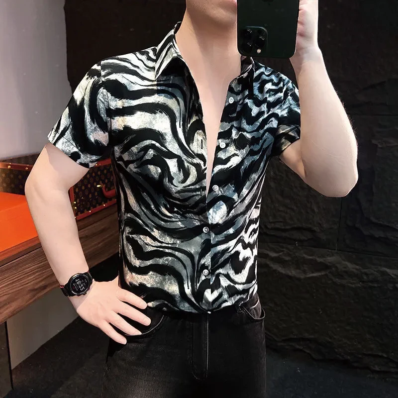 Men's Slim Fit Short Sleeve Button Down Shirt Black White Marble Wave Print Casual Party Clubwear