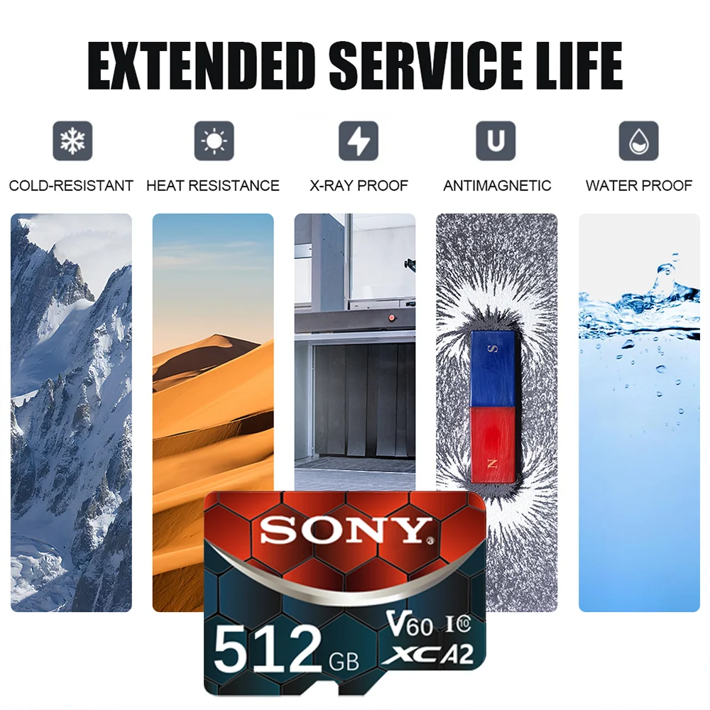 SONY SD Memory Card 256GB Micro TF SD Card 1TB High Speed TF Flash TF Card 2TB Class10 A2 U3 V60 Memory Card for Smartphone