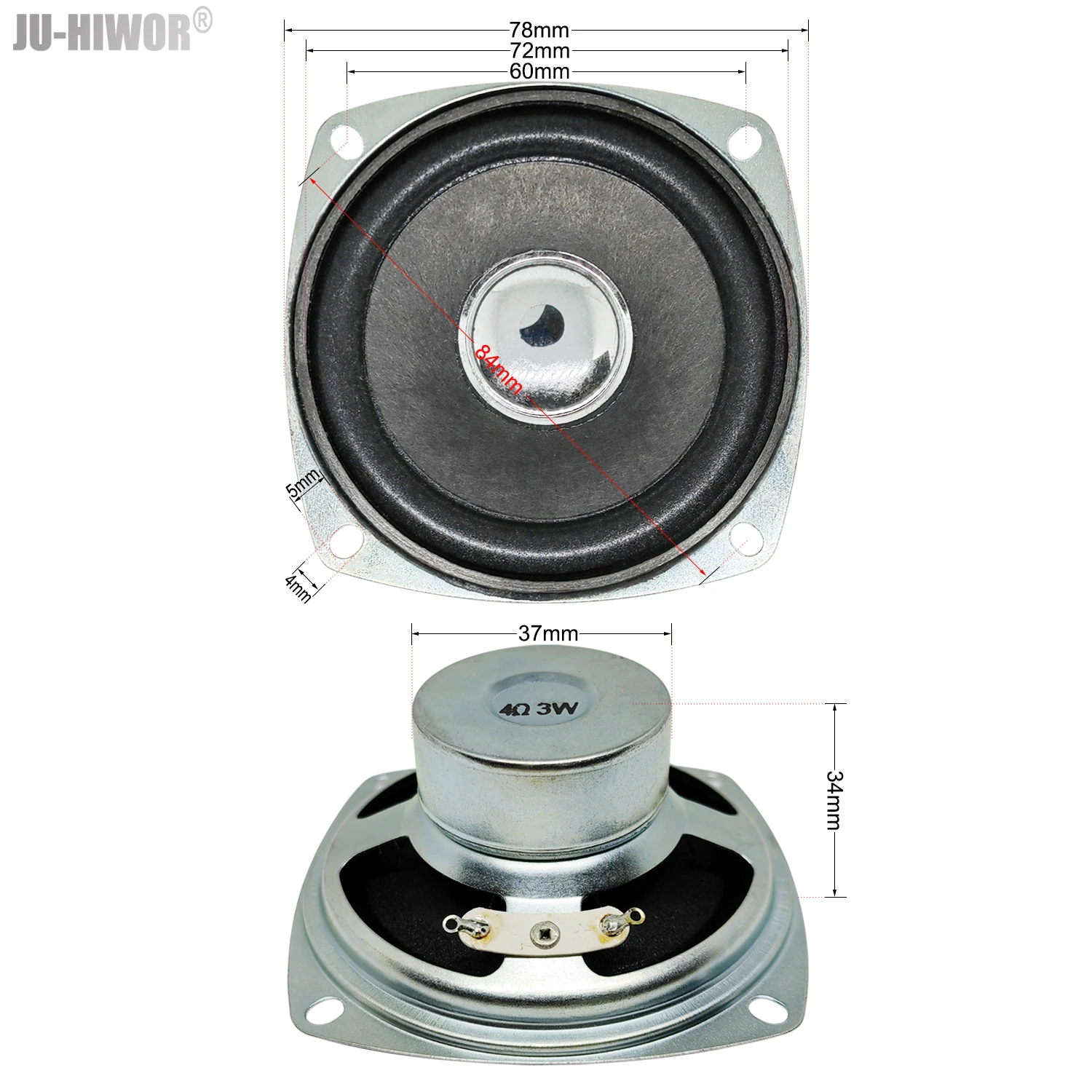 2pcs 4 Ohm 3W Loudspeaker 78MM 3inch  Square Speaker 37MM Internal Magnetic Antimagnetic Foam Edge Bright Cap Height 34MM