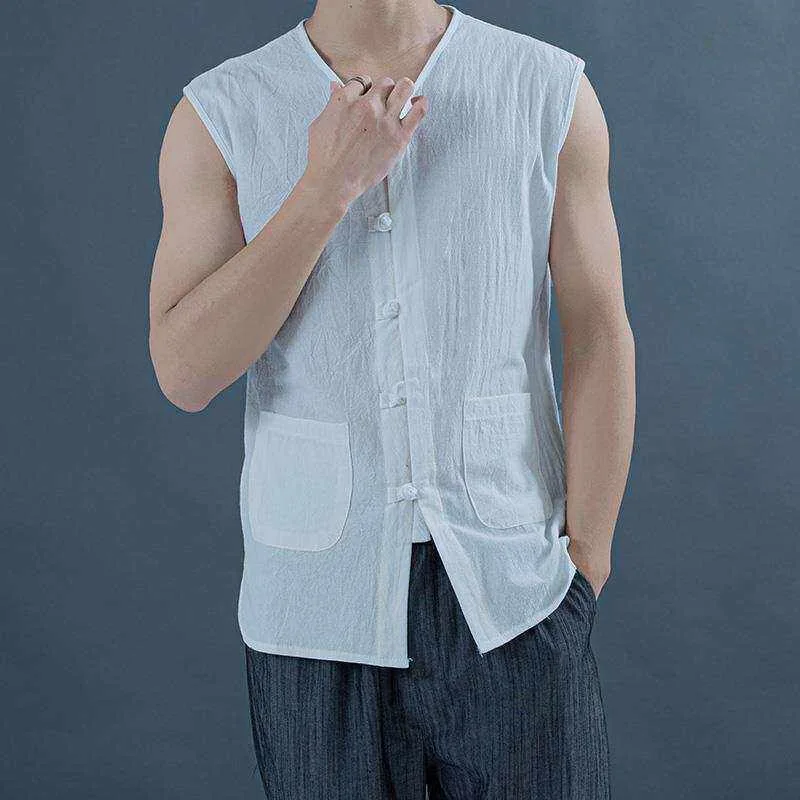 Summer Thin Cotton Mens Vest Retro Tang Costume Hollow out Sleeveless Mid-aged Casual Loose Fitting Shoulder Pad Top