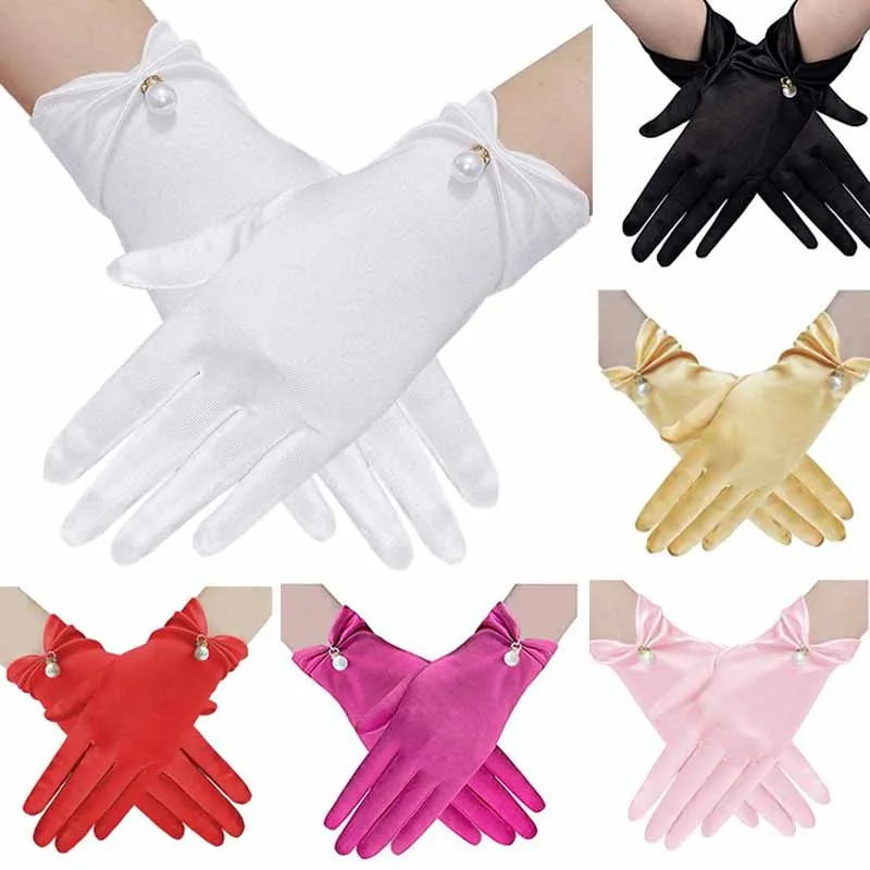 

Белые атласные перчатки для свадебного платья, короткие элегантные сетчатые свадебные перчатки с жемчужным бантом и лепестками, универсальные аксессуары для фотографий, жемчуг в стиле ретро