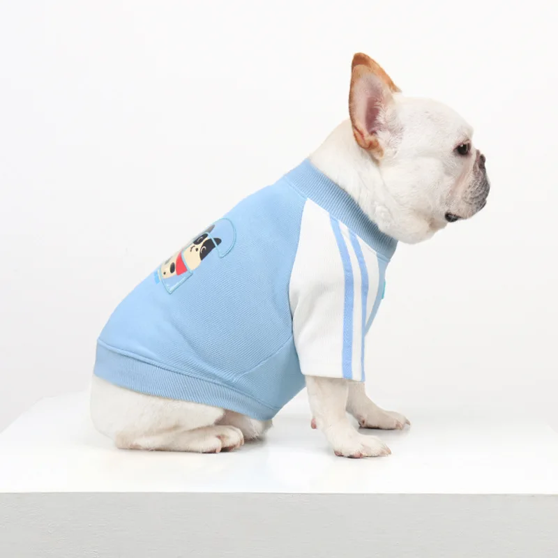ملابس رياضية للكلاب، سترة بقلنسوة مخططة باللون الأزرق والأبيض للكلاب الصغيرة، ملابس الخريف للحيوانات الأليفة للبلدغ الفرنسي، الصلصال، بيشون فريز وبودل #3