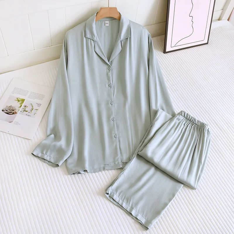 2024 New Spring/Summer Couple Sleepwear Set with Viscous Fiber Gongsatin Thin Long sleeved Two piece Solid Color Home Fury Set