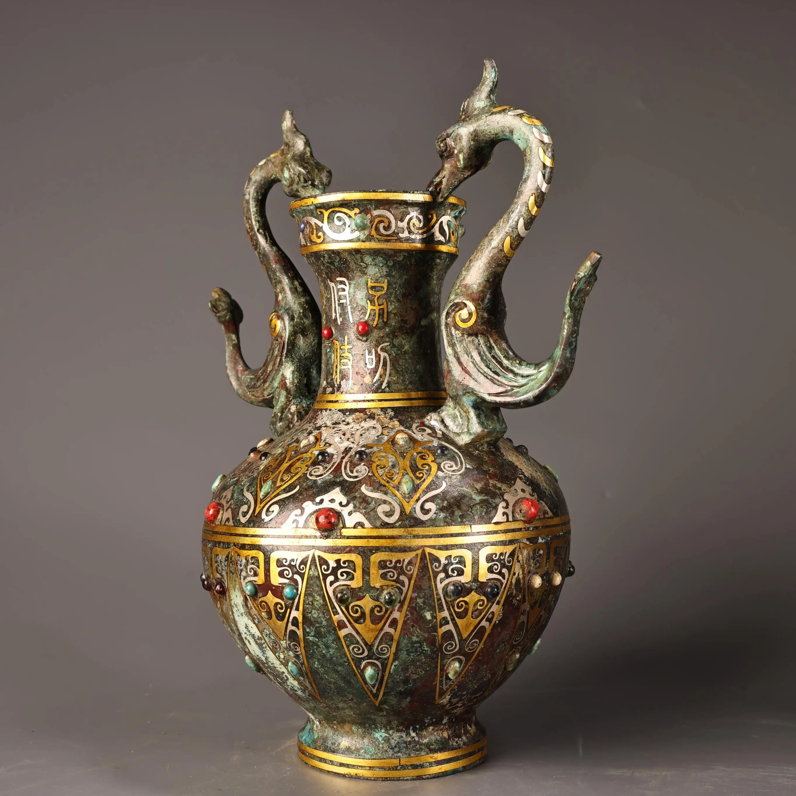 Very rare Qing Dynasty (QianLong1711-1799)Rare antique collection: Gilt-inlaid bronze phoenix-ear pot, vase,Free  shipping,