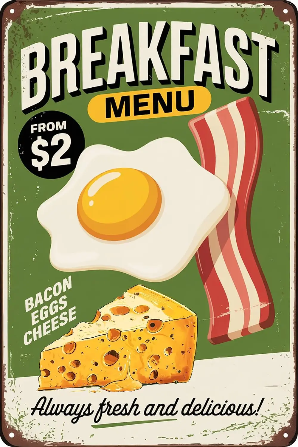 Breakfast Menu Food Vintage Metal Tin Signs Bacon Eggs Cheese Green Backdrop Retro Sign Wall Decor for Home Kitchen Restaur sign