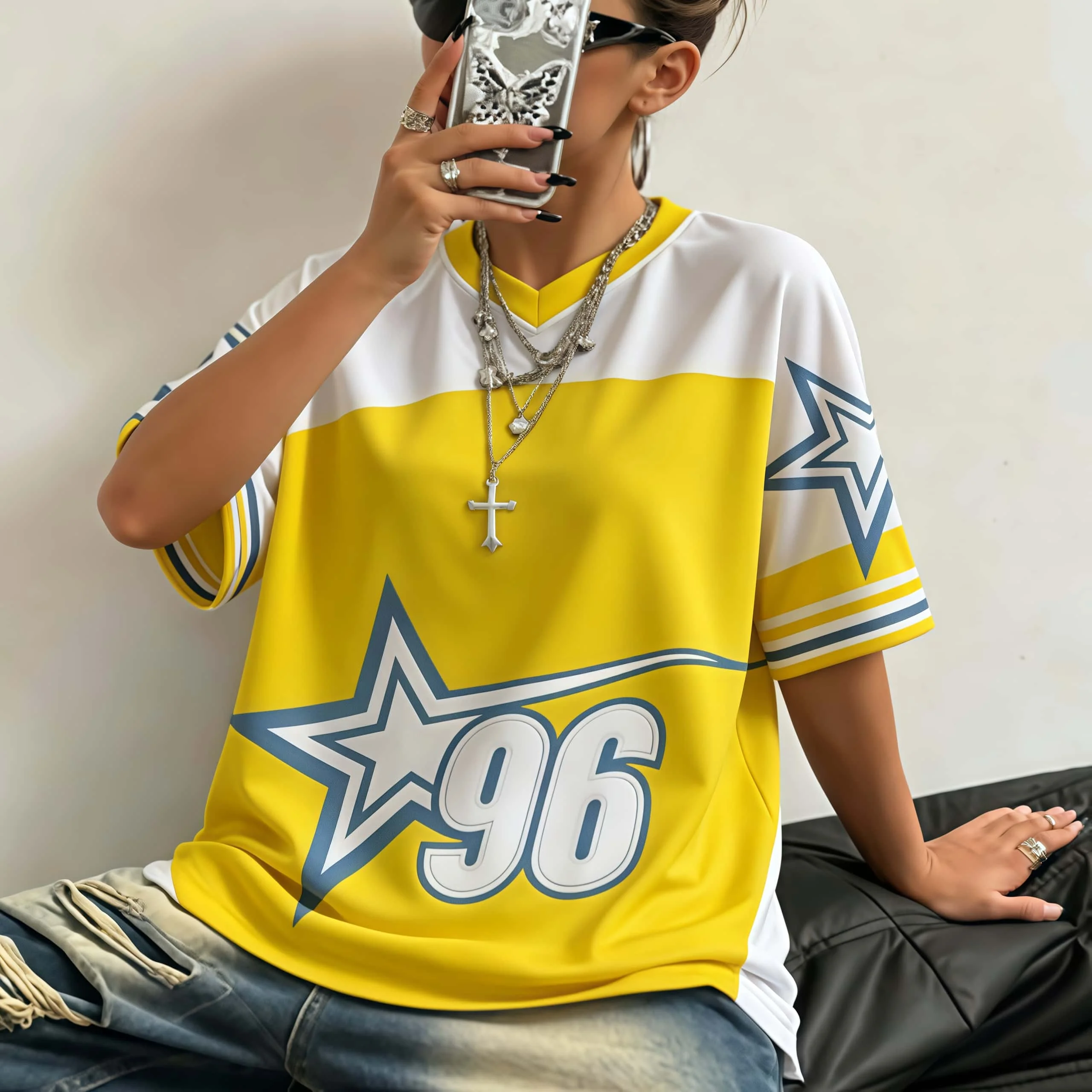 American Retro Yellow and White Top with Pentagram Size 96 3D Printed Plus Size Loose and Comfortable Quick Drying Unisex Style