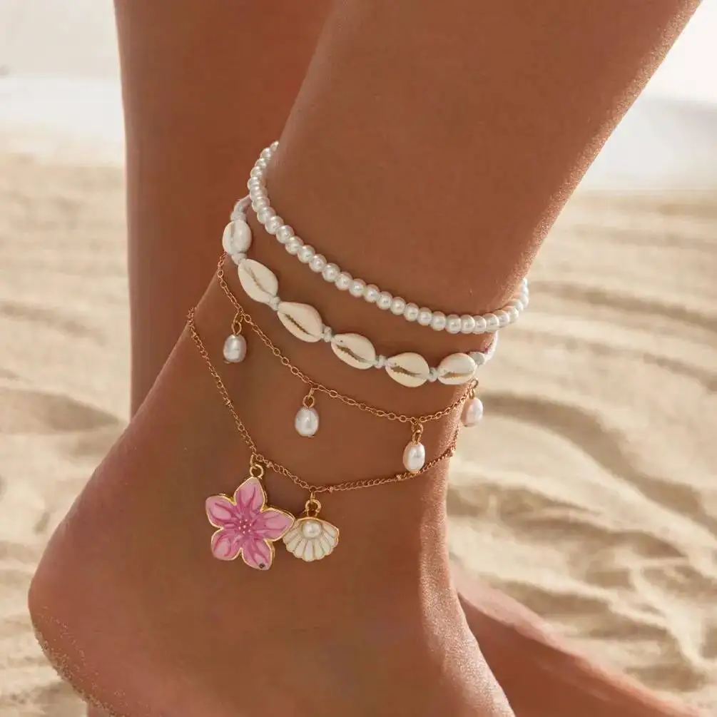 IngeSight.Z 4 Pcs/Set Boho Bohemia Scallop Flower Imitation Pearl Pendant Anklet Foot Chain for Women Fashion Charm Jewelry 2026