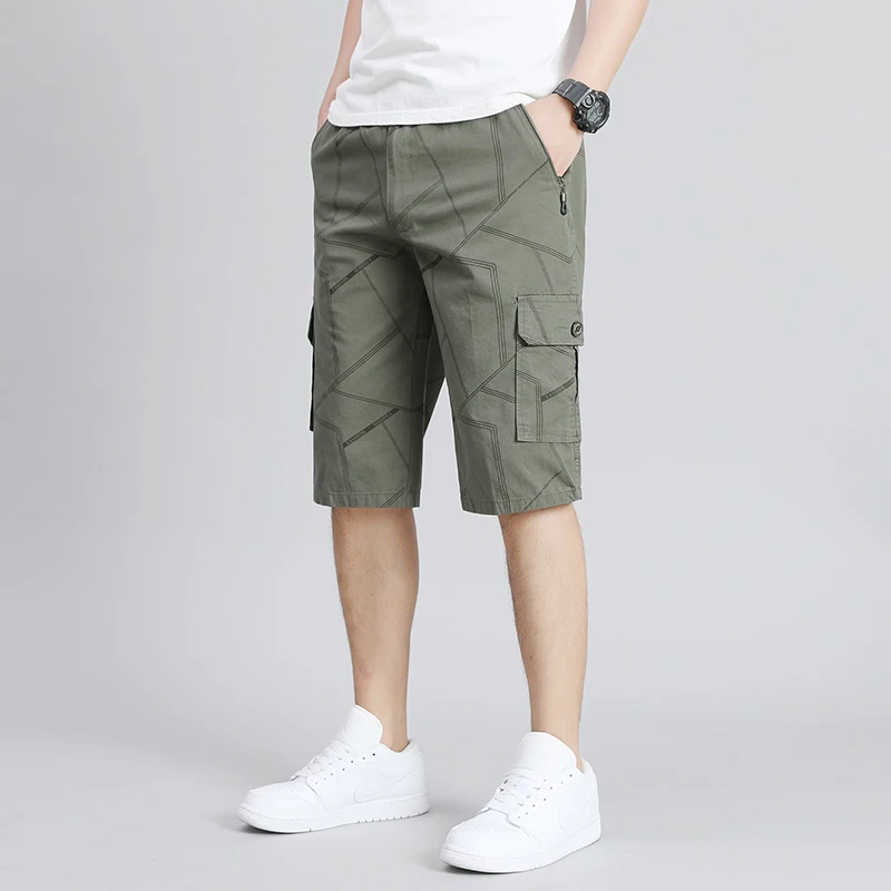 Summer Thin Stylish Printed Casual Shorts Beach Style Loose All-match Men\'s Clothing Pockets Spliced Commute Zipper Knee Pants