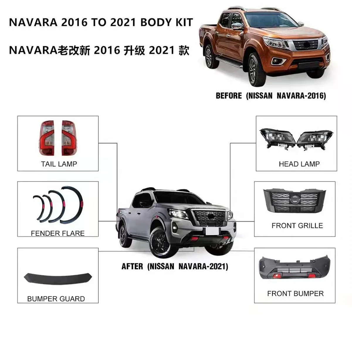 Car Bumpers Parts For Nissan Navara 2016 2017 2018 2019 Facelift To 2021 NP300 Frontier With Bumpers Grille Headlight Taillight