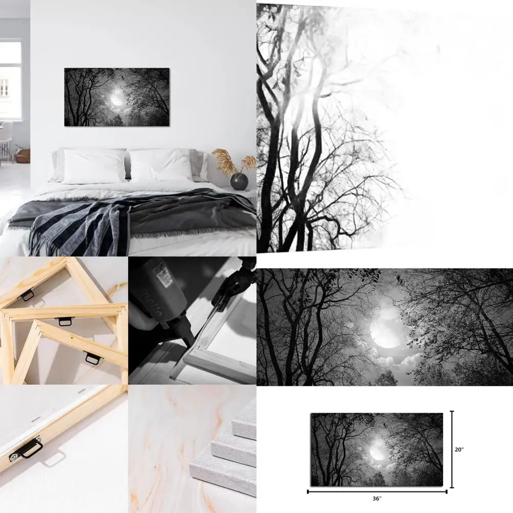 

Framed Black and White Full Moon Nature Art, 20x36 inches, Forest Landscape Wall Decor
