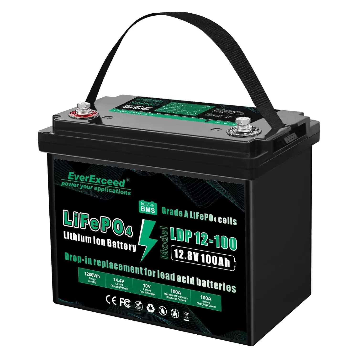 12V 100AH LiFePO4 Battery with Built-in 100A BMS, 1280Wh Energy Lithium Battery with Low Temperature Protection,, Customized