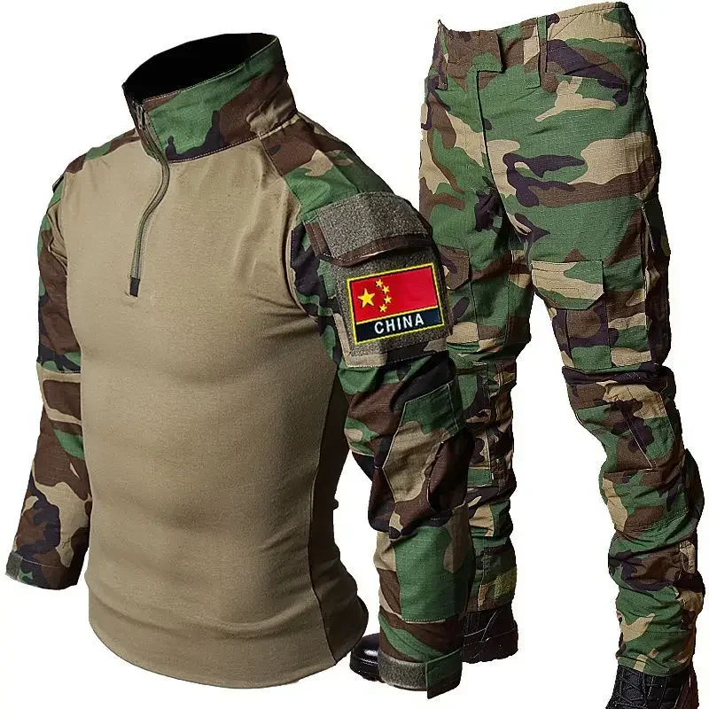 RU Camo Taktische Sets Männer Im Freien Atmungsaktive Langarm T Shirts + Multi-tasche Gerade Cargo Hose 2Pcs anzug Training Kampf Set – Detail 8