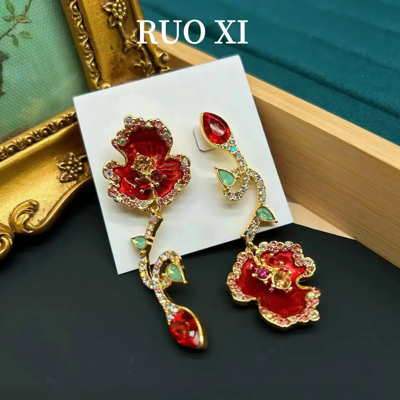 Mid-Ancient Ornament Vintage Cute Flowers Enamel Diamond-Embedded Red Fire High-Grade Leaf Pomegranate Red Earrings