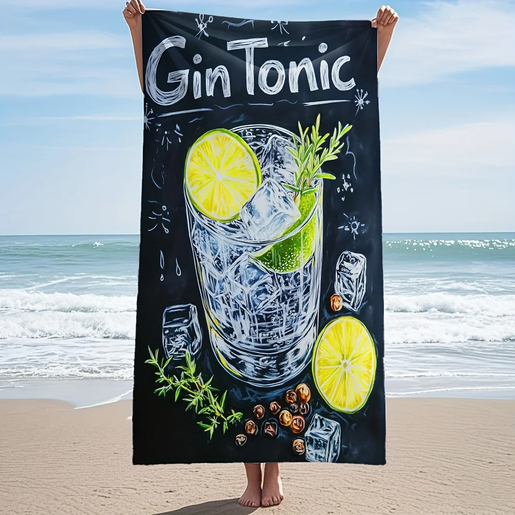 1pc Gin Tonic Cocktail Print Beach Towel - Ultra-Soft Quick-Dry Microfiber with Ice Cubes, Lime Slices & Mint Leaves Design