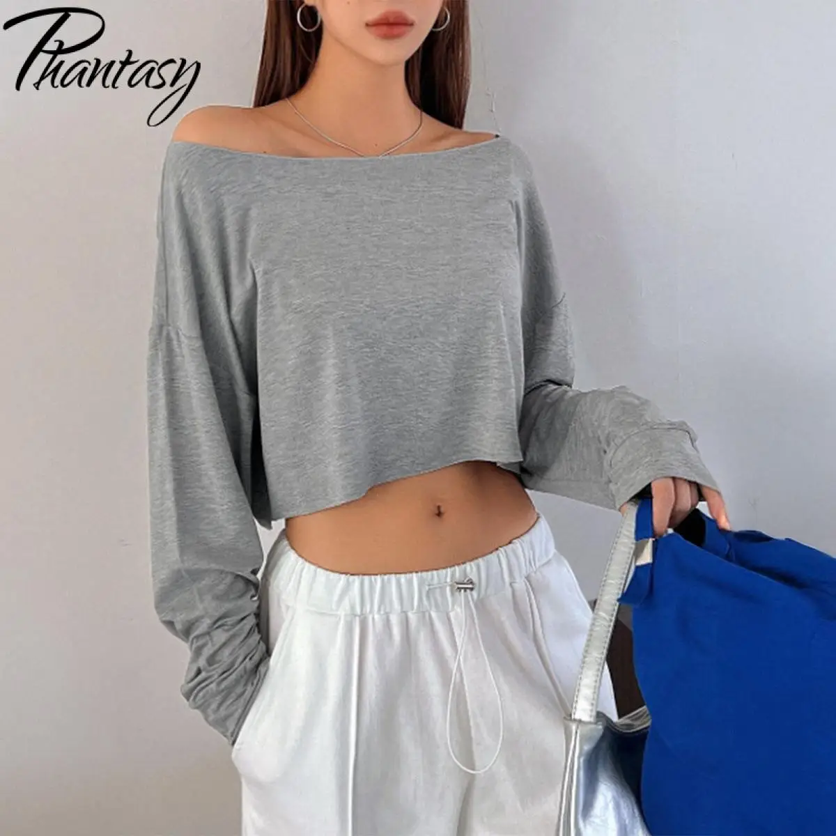 Phantasy Women's Loose Top Sexy Off Shoulder Long Sleeve Grey Solid Basic Tops Korean Casual Style Fashion T-Shirt 2025 ﻿