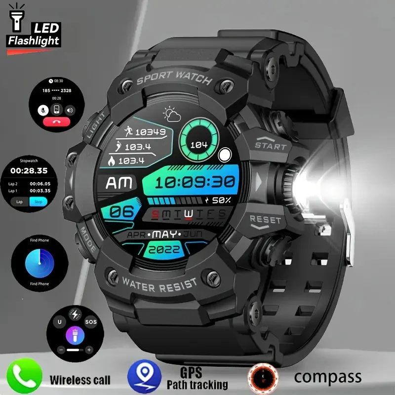 

2025 Прочные спортивные умные часы с Bluetooth-звонками, красочные водонепроницаемые военные умные часы с фонариком, SOS-компонент для телефона