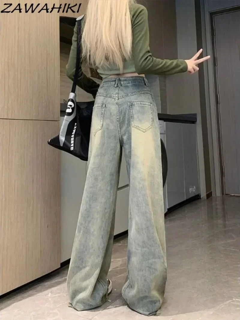 Imagem -04 - Calça Baggy Azul Vintage Perna Larga Cintura Alta Casual Senhora do Escritório Jeans Feminino Solto em Linha Reta Desgastado Y2k Kpop Mujer Pantalones