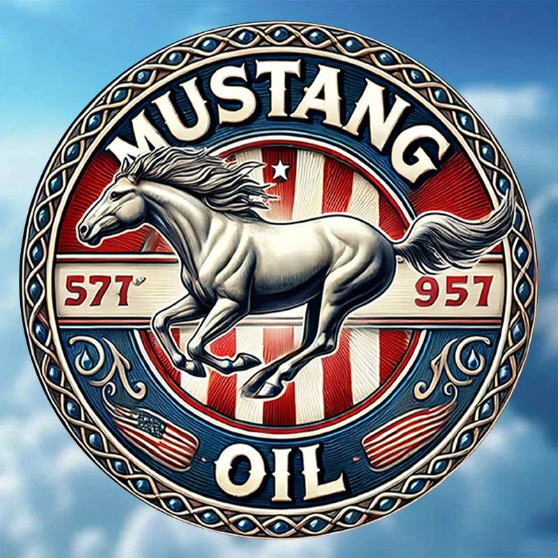 [Vintage Metal Sign] Vintage 8-Inch Round Metal Sign - "MUSTANG 577° 957° OIL" with Running Horse Design | 2D Flat Aluminum Wall image 6