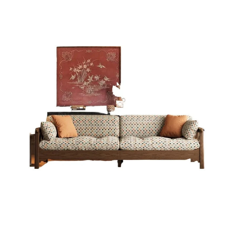

Solid wood sofa used living room large flat floor fabric sofa 123 combination French retro