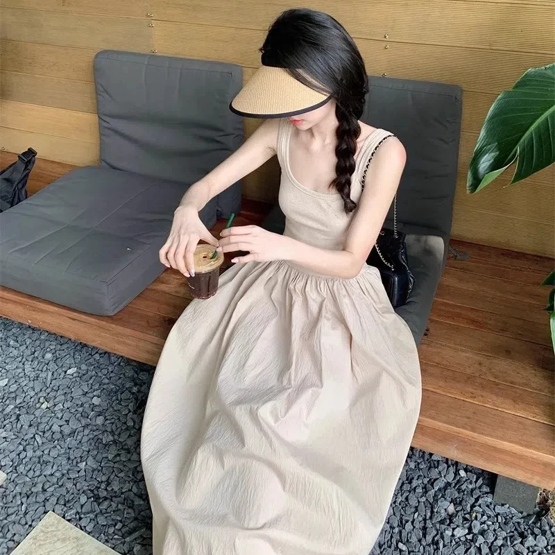 

Summer Simple Elegant O Neck Off Shoulder Skinny Long Dresses Sleeveless Tanks High Waist Temperament Female Fashion Style Dress