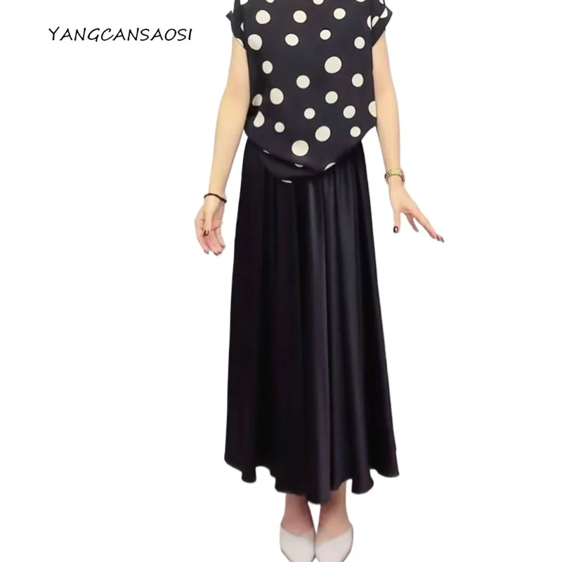 

Women's Early Autumn Casual Clothing 21MM 92% Natural Mulberry Silk Elastic Satin 3.5m Large Swing Oblique Black A-line Skirt