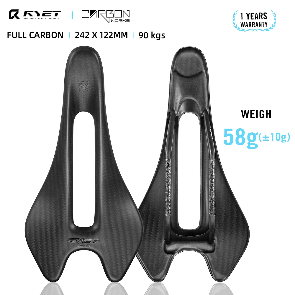 

RYET Ultralight 58g Full Carbon Saddle 3K Weave Oval 6.5X8.5(mm), 242/122 (mm) Saddle for Road mountain recreation urban bike