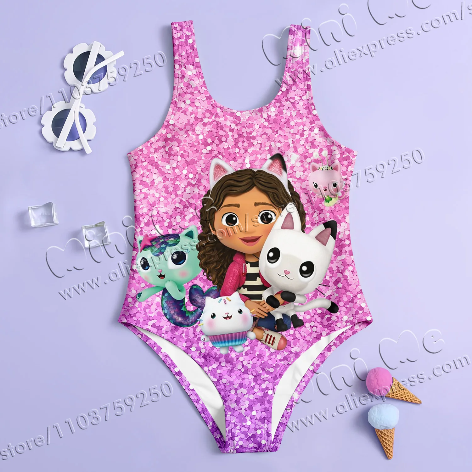 MINISO Girl Summer One-Piece Swimsuit Fashion Cartoon Gabby Dollhouse sequin Series Print Women Swimwear Sleeveless Clothing