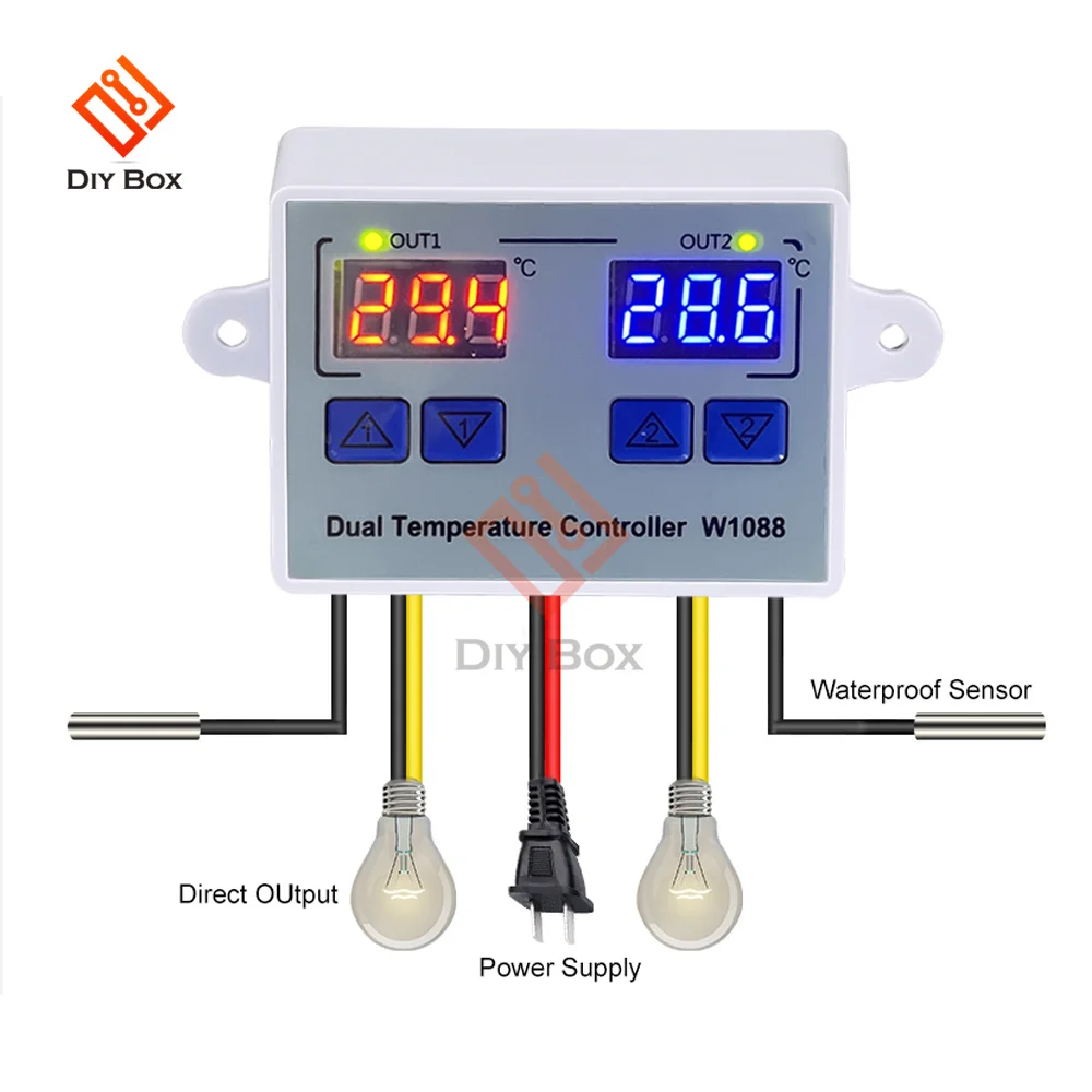 W1088 Dual LED Digital Temperature Controller Electric Heating Thermostat 12V 24V AC110-220V Aquarium Incubator Thermoregulator