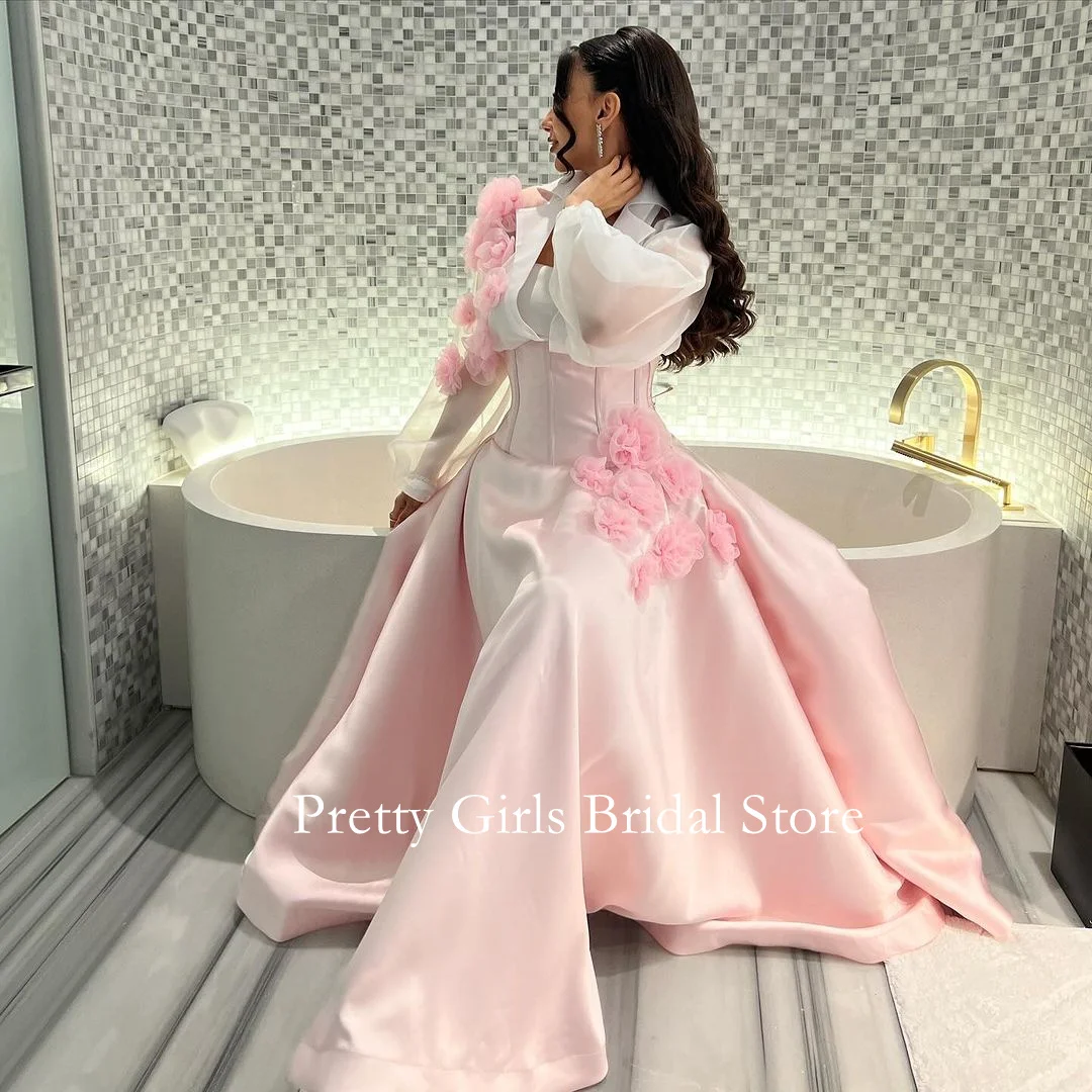 OEING Arabic Style Vintage V-Neck Satin Pink Flowers Evening Dresses Long Sleeves Formal 프롬드레스  Prom Growns Party Women Bride