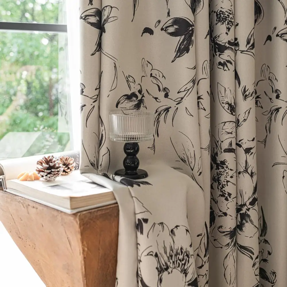 Cortinas opacas de flores de tinta para sala de estar, cocina, salón, cortina de tela para habitación, cortinas de puerta divisorias, Rideaux Cortinas para el hogar