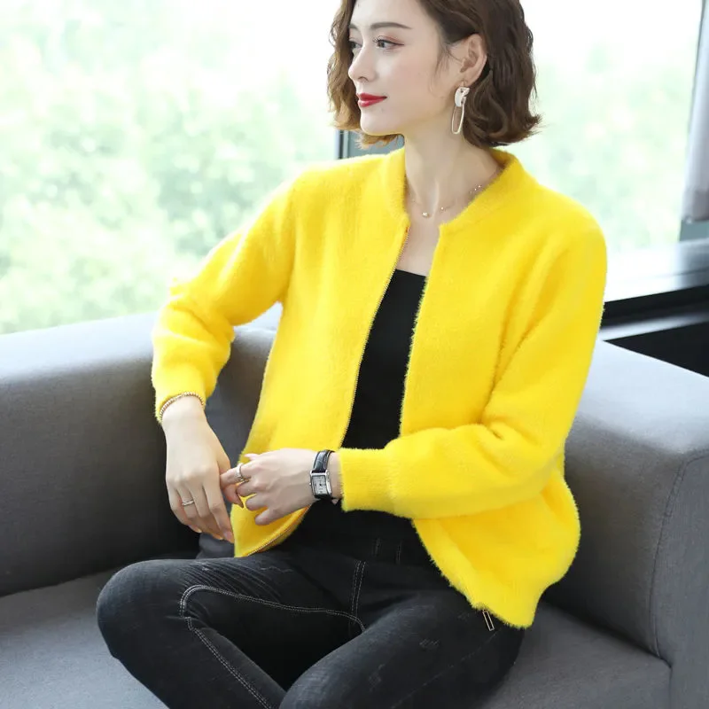 Winter Women Korean Thickened Non Shedding Sweater Imitation Mink Fur Knitted Female New Loose Zipper Woolen Cardigan Jacket