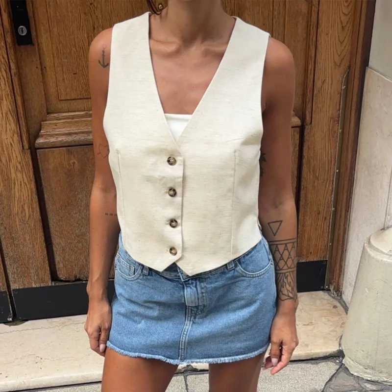 

Talenza Women's Summer Tank Top Solid Sleeveless V-Neck Button-Front Patchwork Casual T-Shirts Fashion Commuter New Female Top