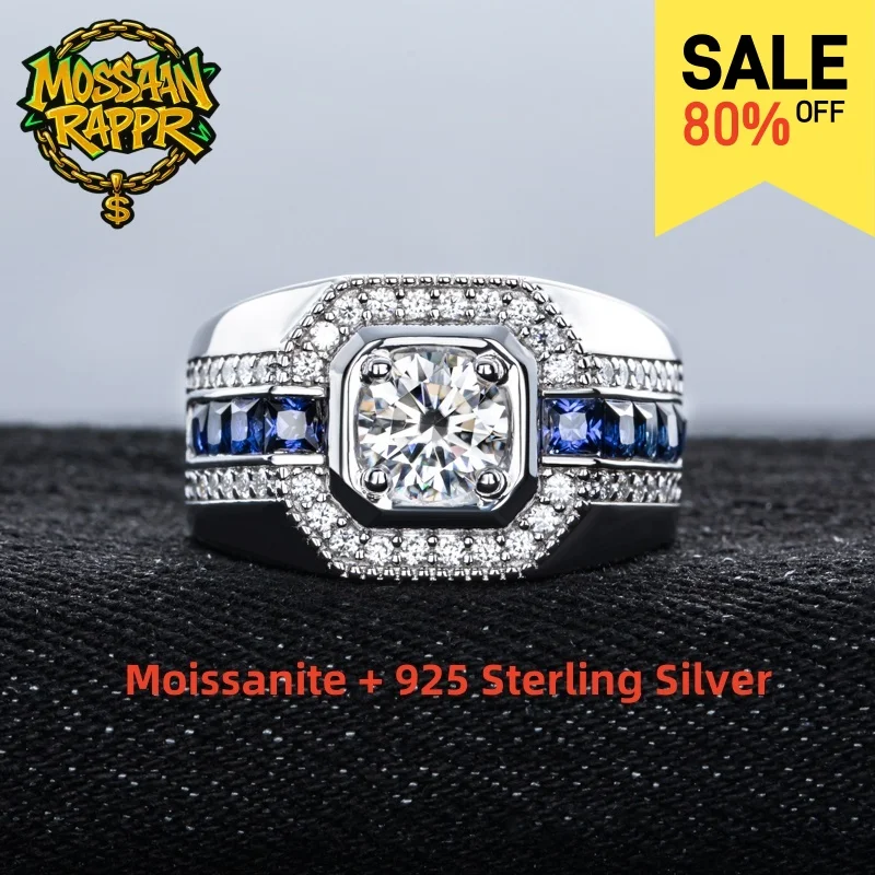 

MossanRappr 1ct VVS1 Moissanite Men’ s Diamond Ring 925 Sterling Silver D Color Hip Hop Rings Iced out Fashion Jewelry for Men