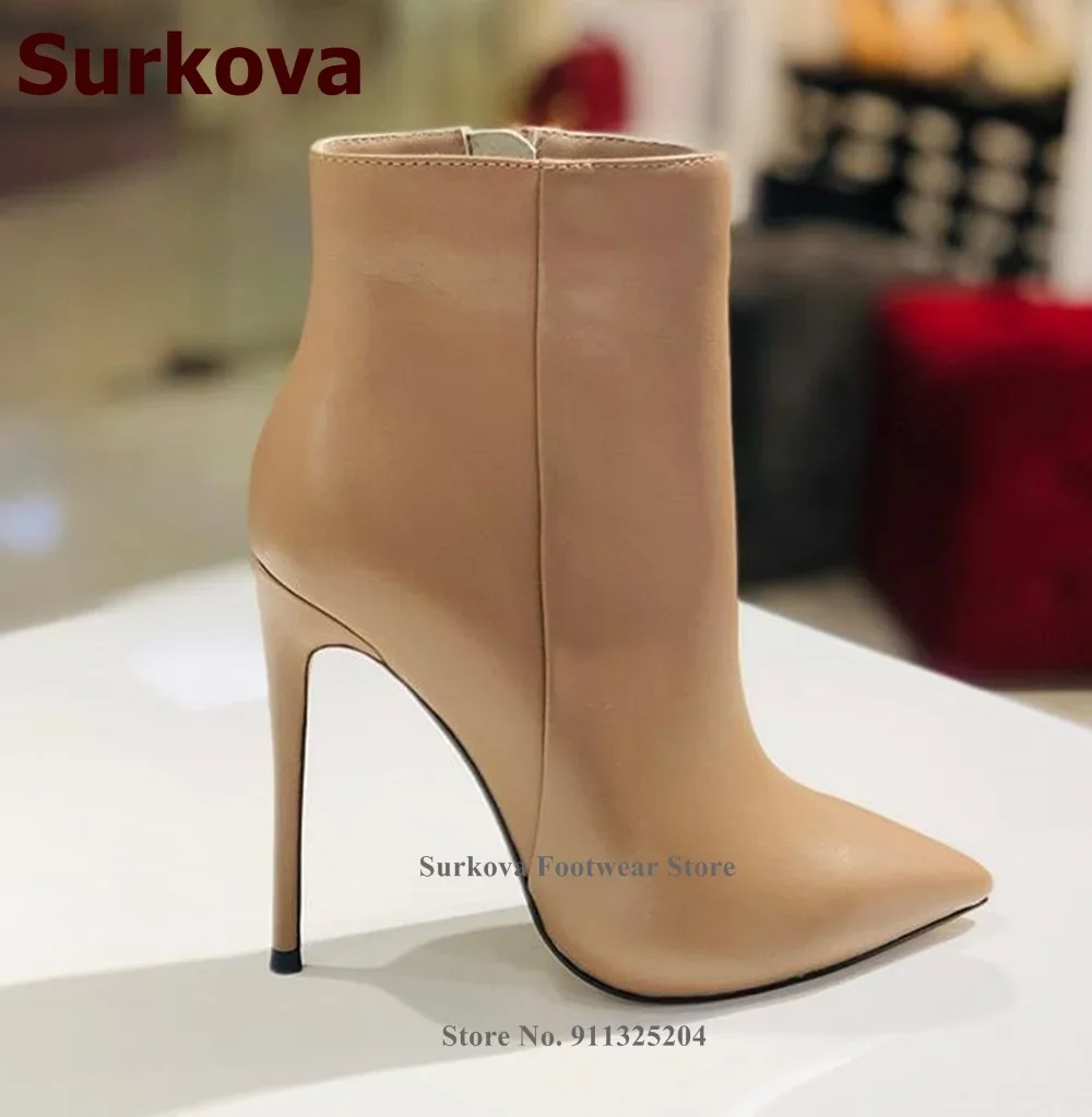 Surkova Black Burgundy Pointy Toe Short Boots Women Sexy Concise Matte Leather Thin High Heel Dress Shoes Zipper Gladiator Pumps