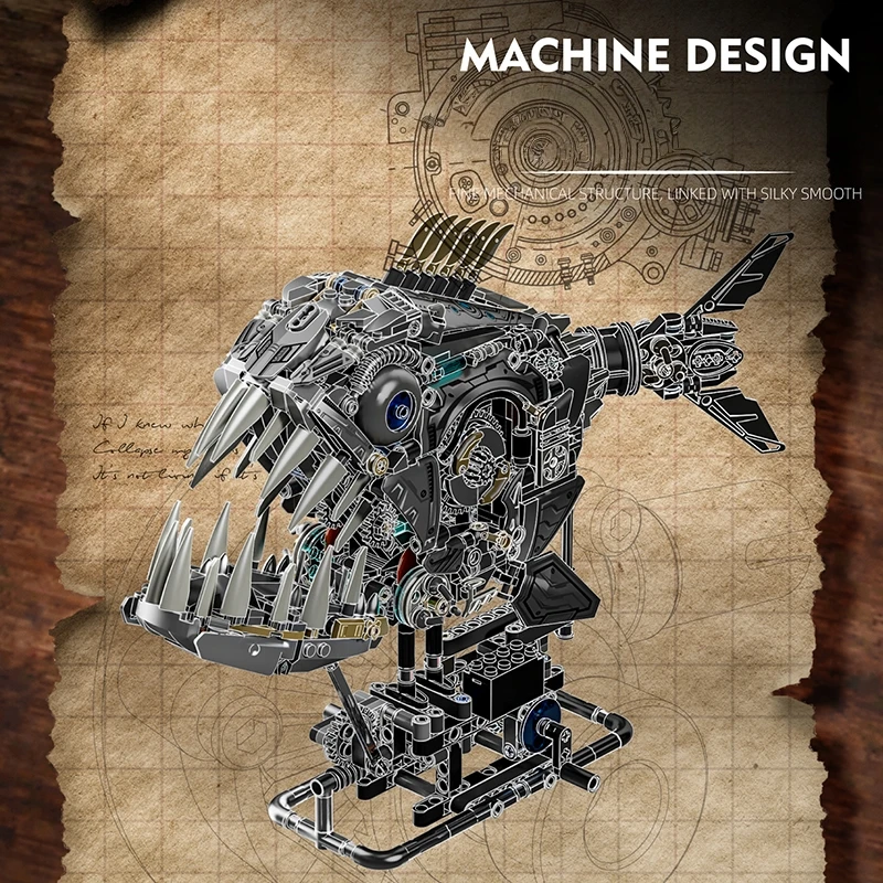 Bloques de construcción de pez Piranha mecánico técnico, vida marina, Motor de potencia, modelo del mundo Animal, juguetes de ensamblaje para niños, regalo para niños