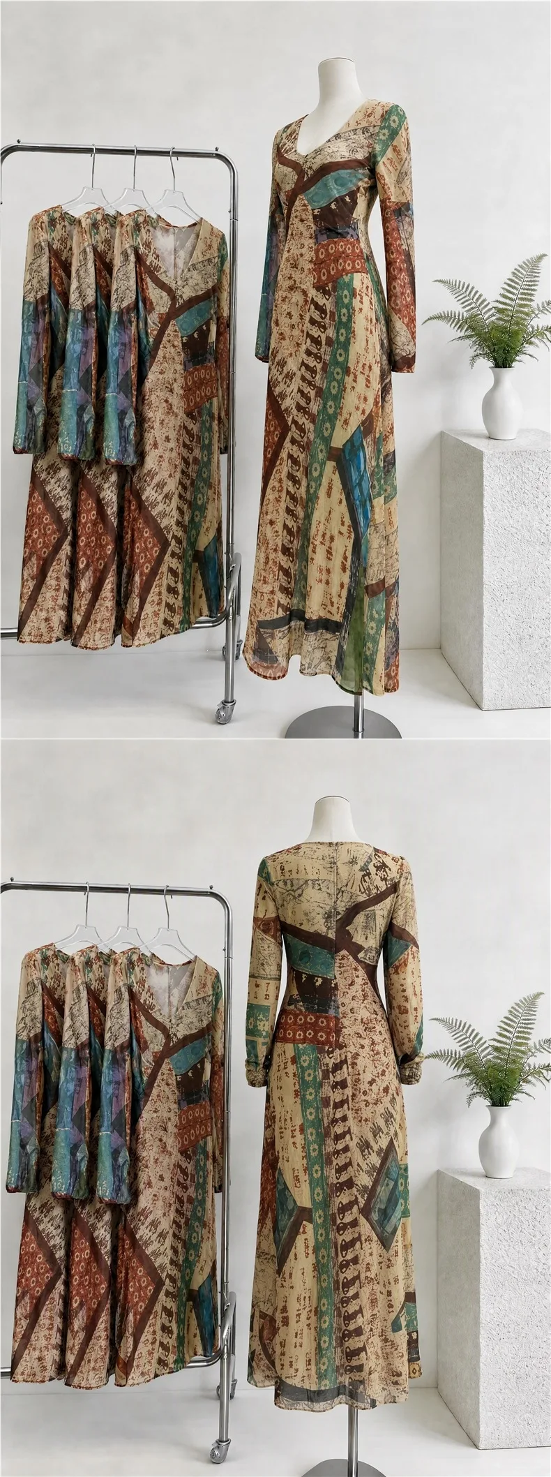 2026 Autumn Women Vintage Retro Printed Maxi Dress Silk‑Like Satin Long‑Sleeve Tailored Fit Elegant Long Dress For Daily Occasio