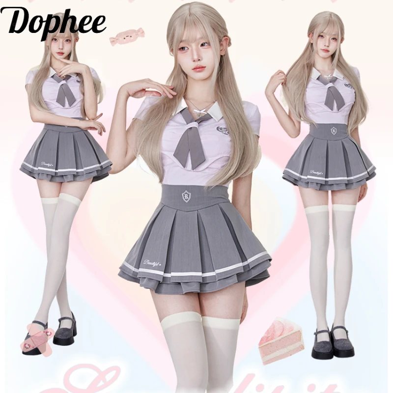 

Dophee Preppy Style Summer Two-piece Sets Short Sleeve Pink Shirts Crop Top + High Waist Grey Pleated Skirt Spice Girls Suits