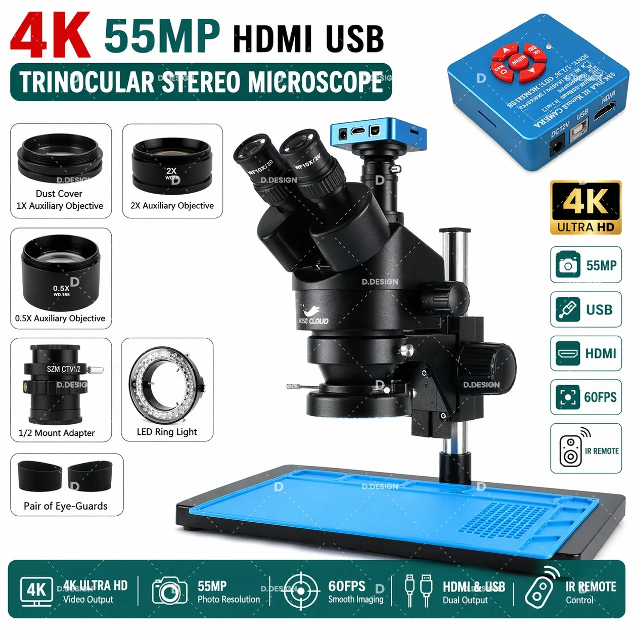 Stereo Trinocular Microscope 3.5X-90X Continuous Zoom with 0.5X 2X Auxiliary Objective Lens 48MP 55MP 4K HDMI USB Camera