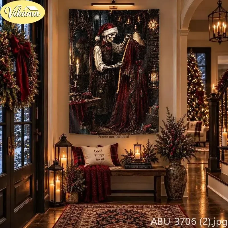 VIKAMA Gothic Skeleton King Theater Candelabra Wall Tapestry Dark Victorian Holiday Royal Stage Home Decor Premium Quality Soft