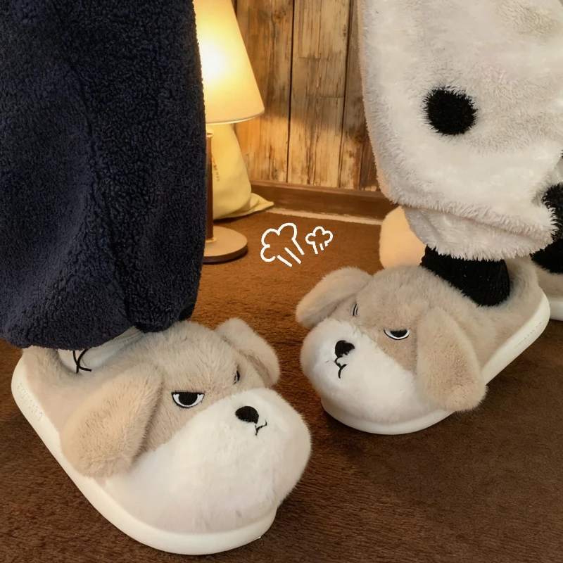 

Funny Cartoon Dog Indoor Fluffy Slippers For Women Men Winter House Shoes Warm Plush Anti-slip Couples Home Floor Cotton Slipper