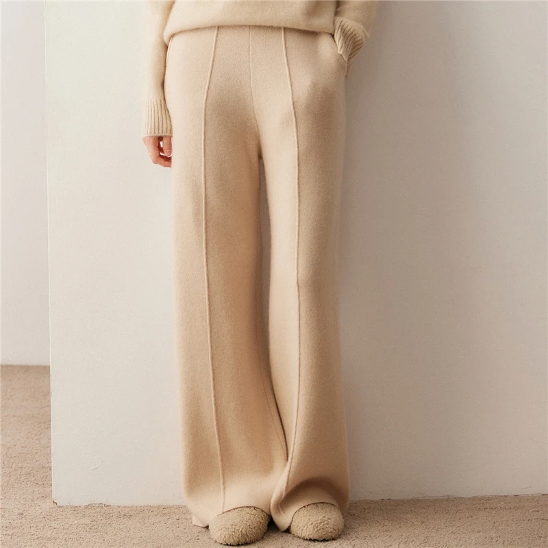 Casual Women's Straight-leg Wide-leg Pants Soft Elastic Waist 100% Cashmere Knitted Fashion Pocket High Quality Warm Bottoms