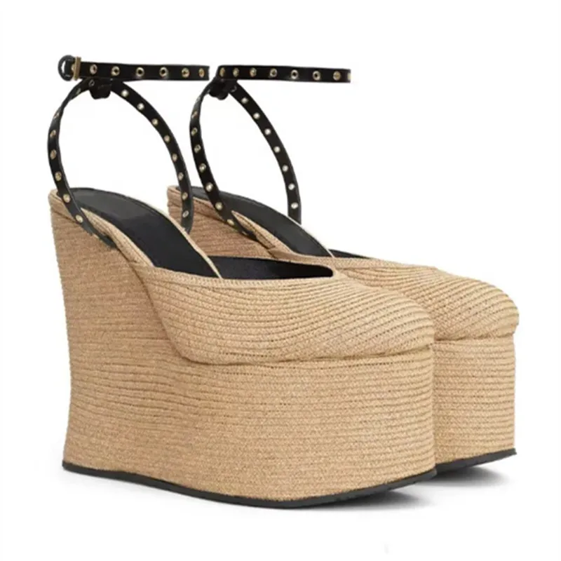 Summer Grass Woven Platform Sandals Women Wedge Heel Thick Soled Sandals Ankle Strap Supper High Heels Party Women's Sandals New