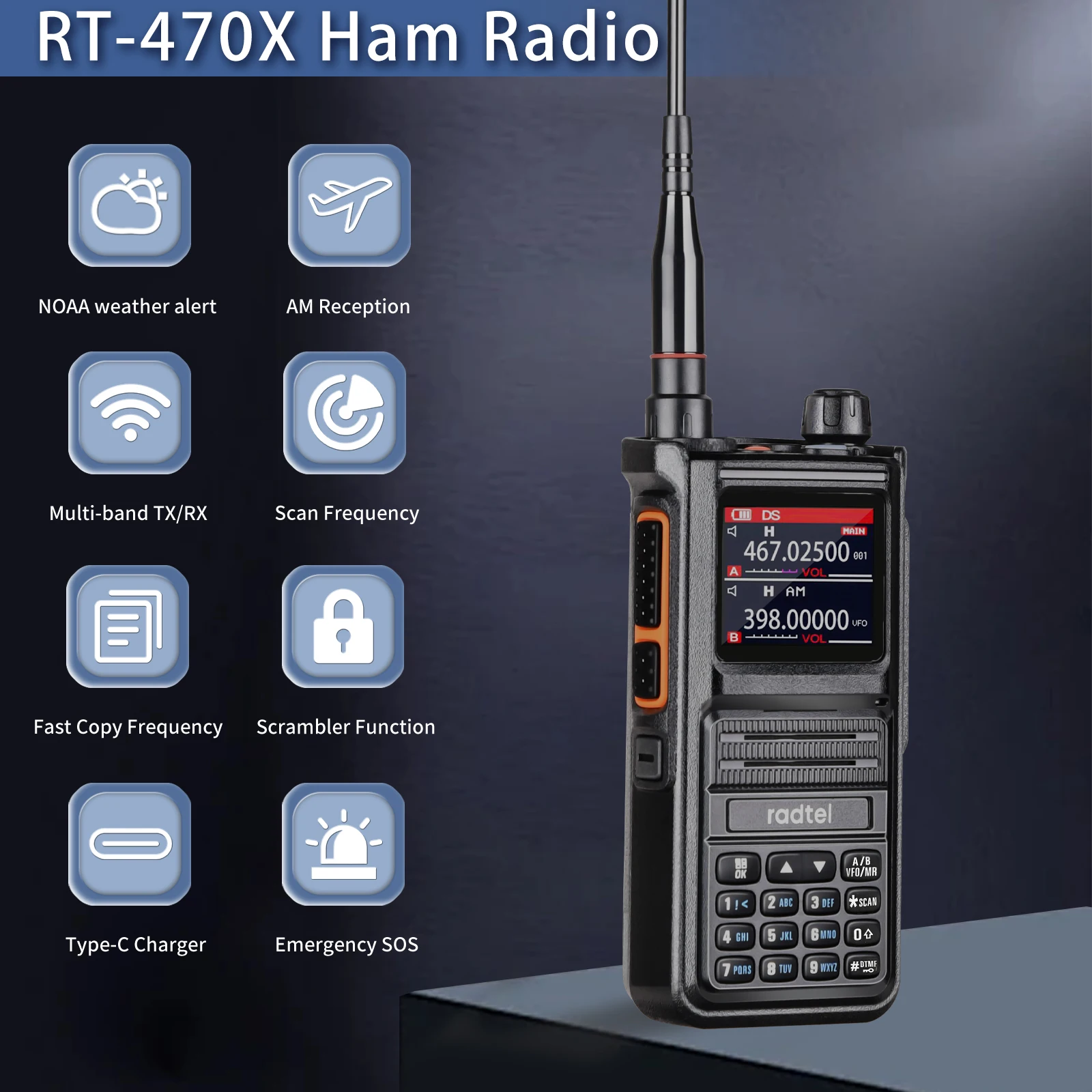 Radtel RT-470X Plus Bluetooth Ham Walkie-Talkies 256CH Air Band Zwei-Wege-Radiosender Aviation NOAA Police Marine Transceiver