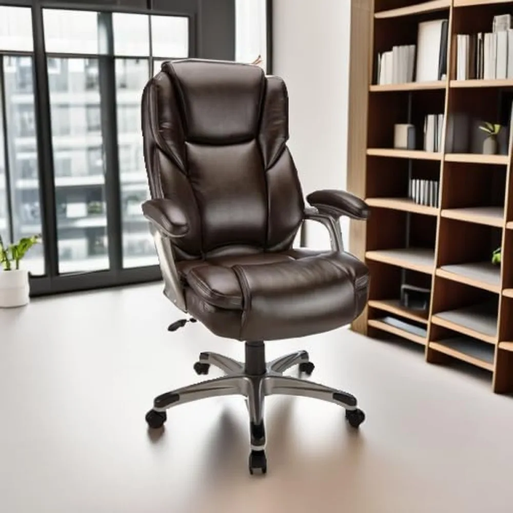 

Bonded Leather High-Back Chair, Brown/Silver Adjustable Height, Ergonomic Computer Chairs, Office Chairs