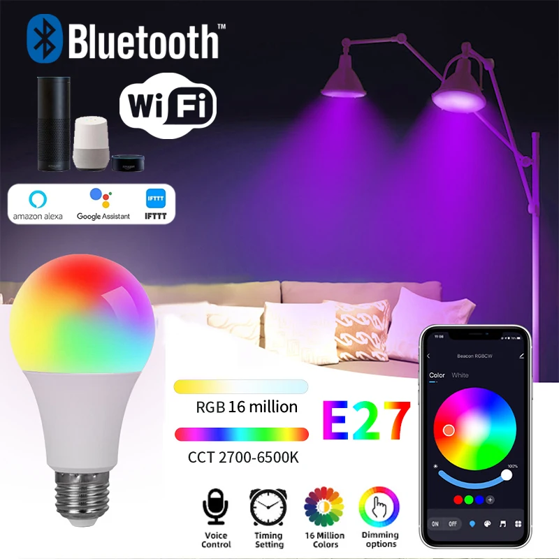 E27 TUYA Wifi Smart Bulb Bluetooth WIFI Lamps LED RGB Smart Light 220V 110V Alexa Google Voice Control Timing APP Group