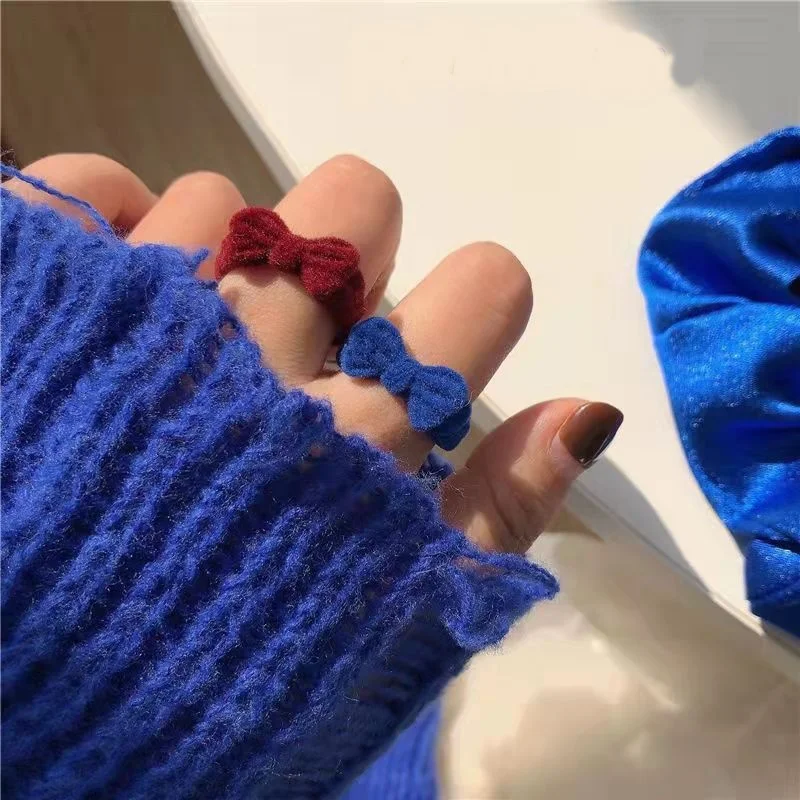 Flocking Velvet Bowknot Finger Ring For Women Vintage Blue/Wine Red/Black Color Open Adjustable Handmade Rings Party Jewelry
