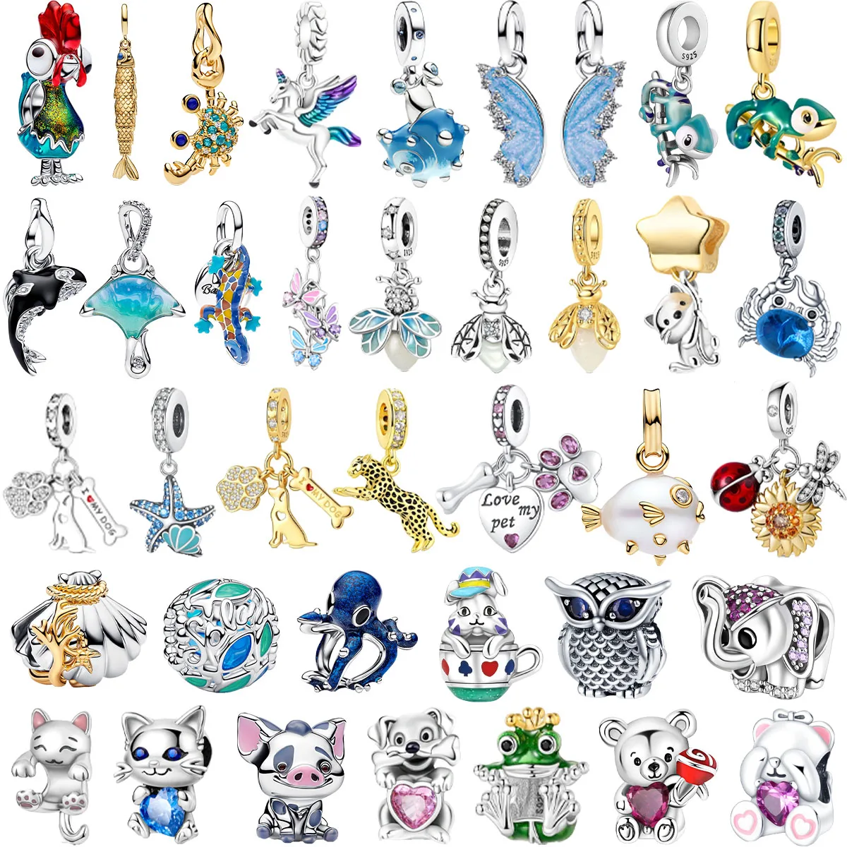 Original 925 Sterling Silver Charms Animal Fish Butterfly Firefly Bird Cat Dog Beads Bracelets Necklaces Womens DIY Jewelry Gift